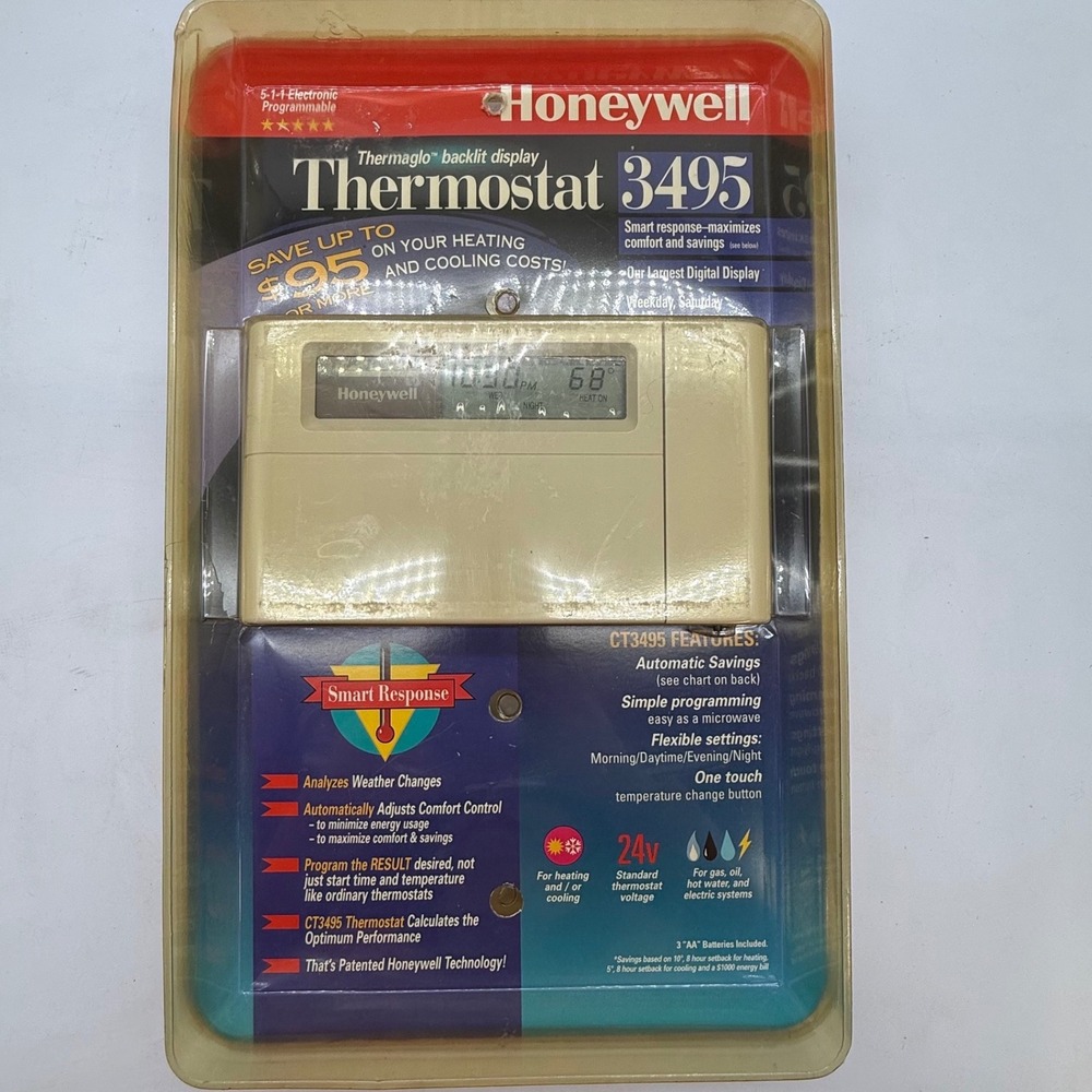 Honeywell CT3495A Thermostat 5-1-1 Programmable Digital Backlit 24v NOS Vintage
